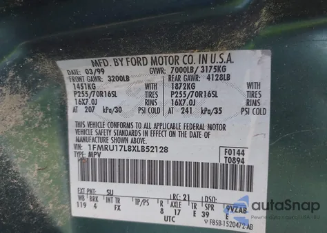 1999 Ford Expedition Eddie Bauer/Xlt from USA, damaged, VIN 1FMRU17L8XLB52128